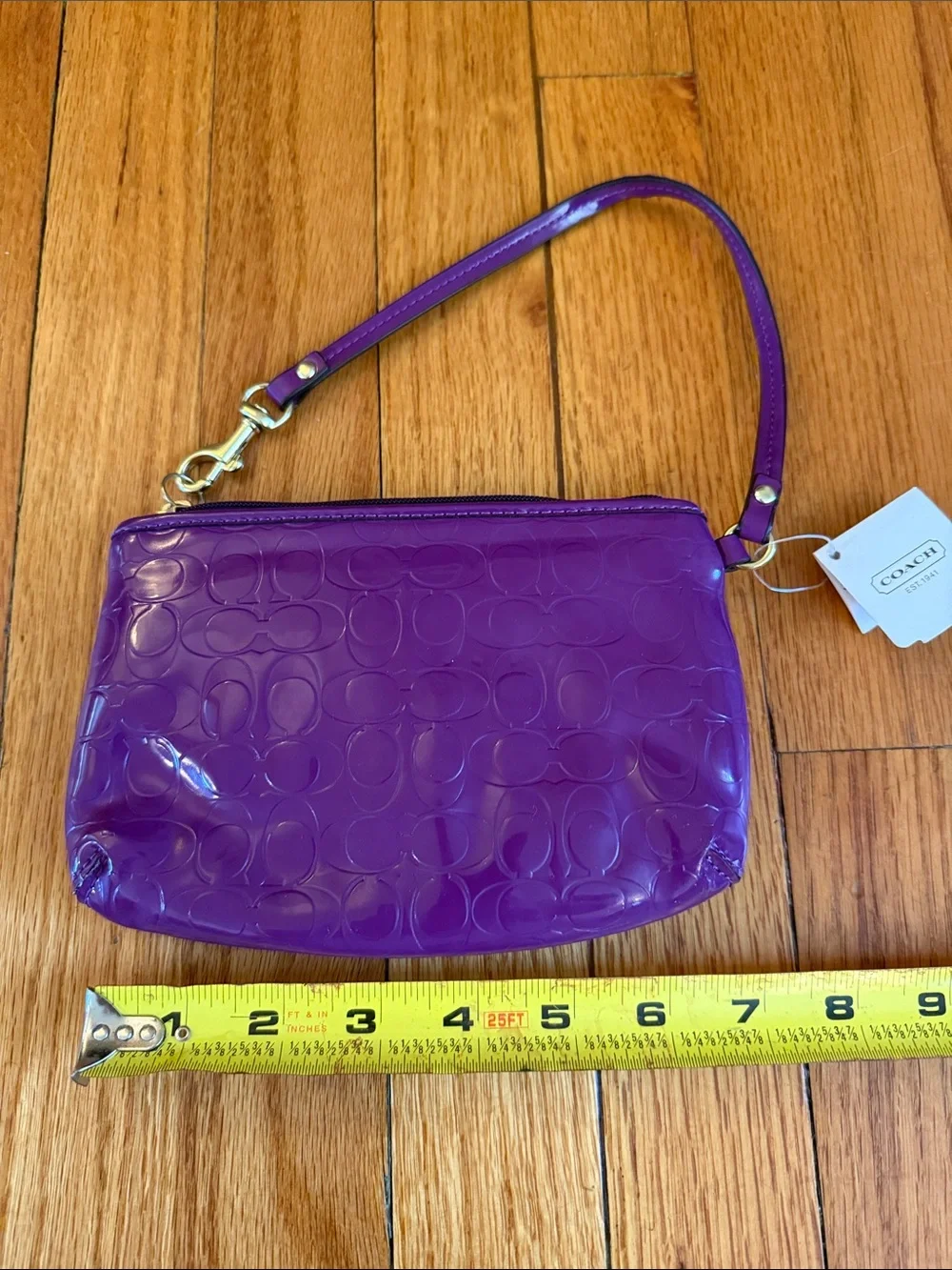 Coach Patent Purple Wristlet with Gold Heart Charm